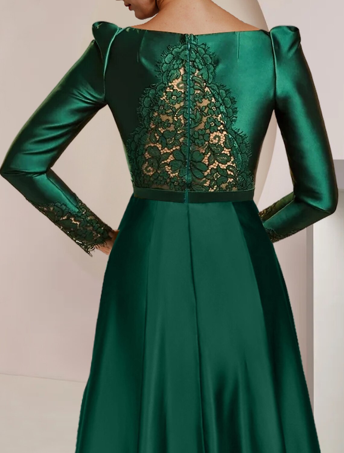 A-Line High Neck Satin Long Sleeve Pleated Tea-Length Wedding Dress - Chloe Dress
