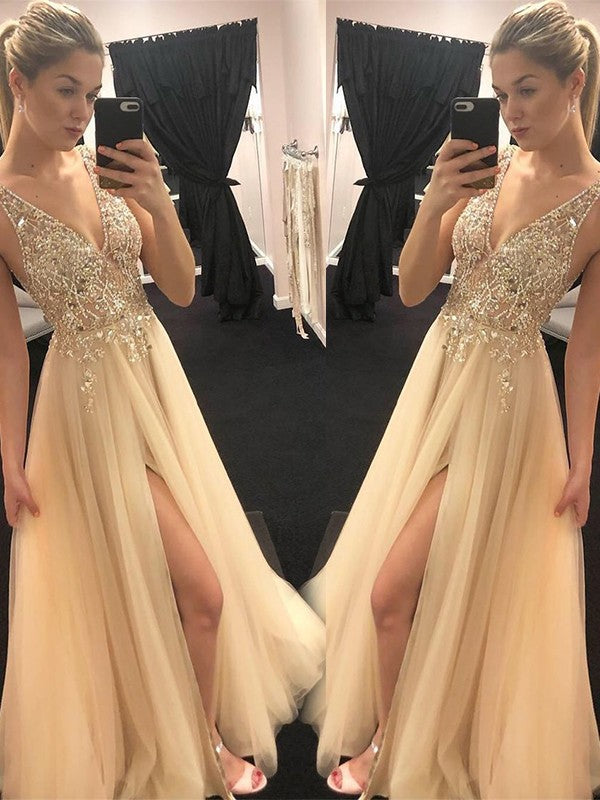 A-Line V-Neck Tulle Sleeveless Floor-Length Dress - Chloe Dress