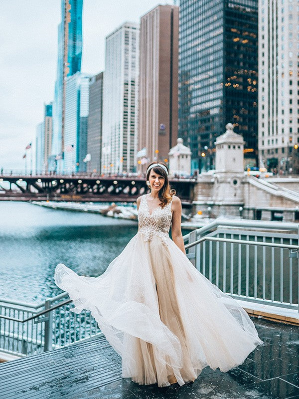 A-Line V-Neck Tulle Sleeveless Floor-Length Dress - Chloe Dress