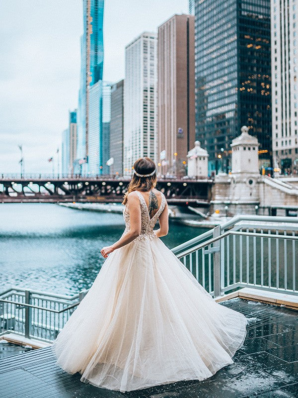 A-Line V-Neck Tulle Sleeveless Floor-Length Dress - Chloe Dress