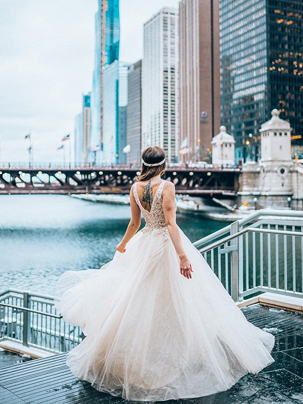A-Line V-Neck Tulle Sleeveless Floor-Length Dress - Chloe Dress
