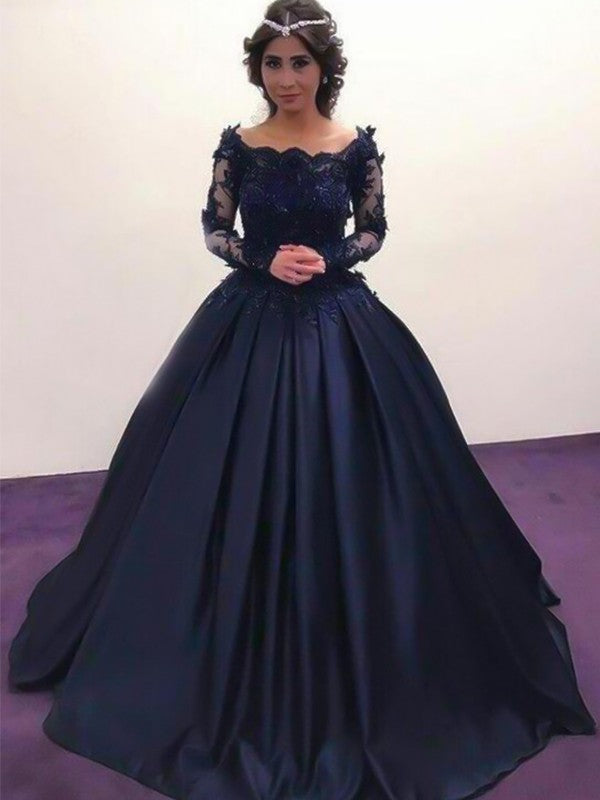 Ball Gown Satin Long Sleeve Train Tea-Length Gown - Chloe Dress