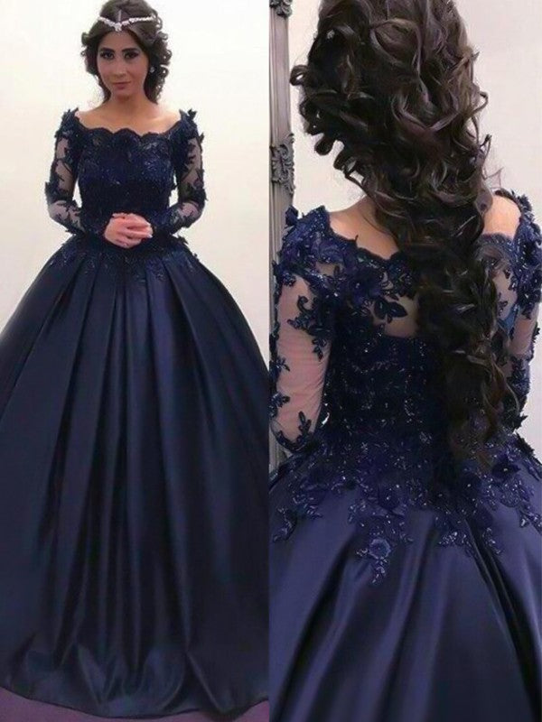 Ball Gown Satin Long Sleeve Train Tea-Length Gown - Chloe Dress