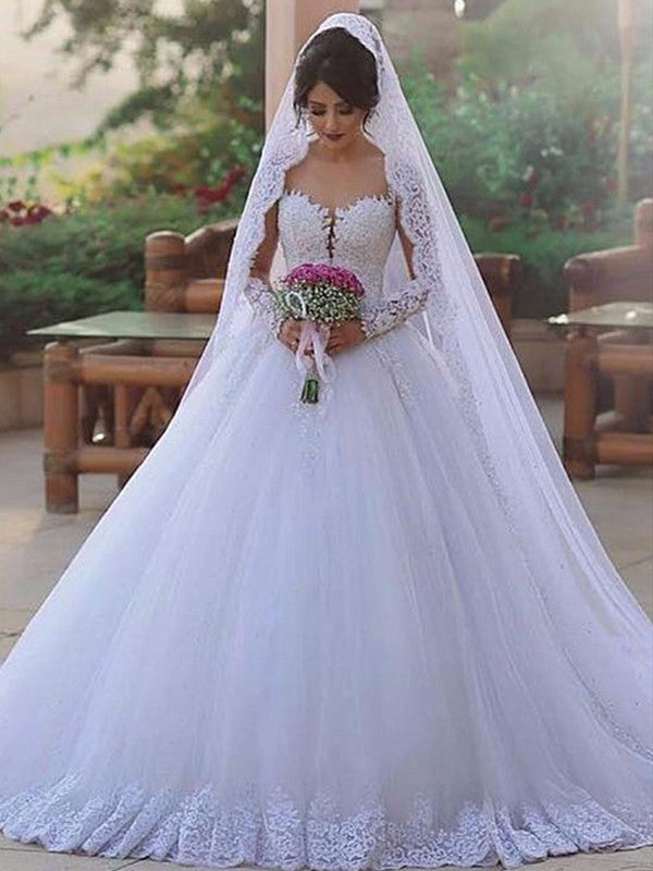 Ball Gown Sweetheart Tulle Long Sleeve Train Wedding Gown - Chloe Dress