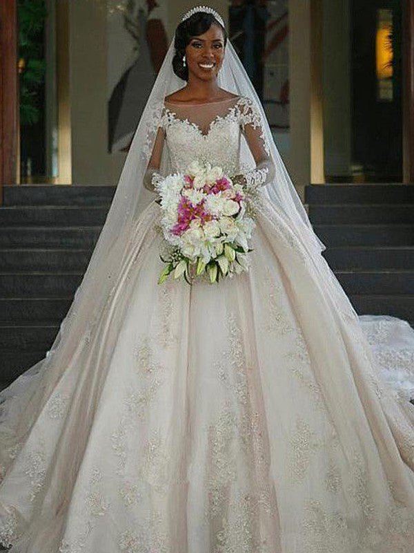 Ball Gown Satin Long Sleeve Train Tea-Length Wedding Gown - Chloe Dress