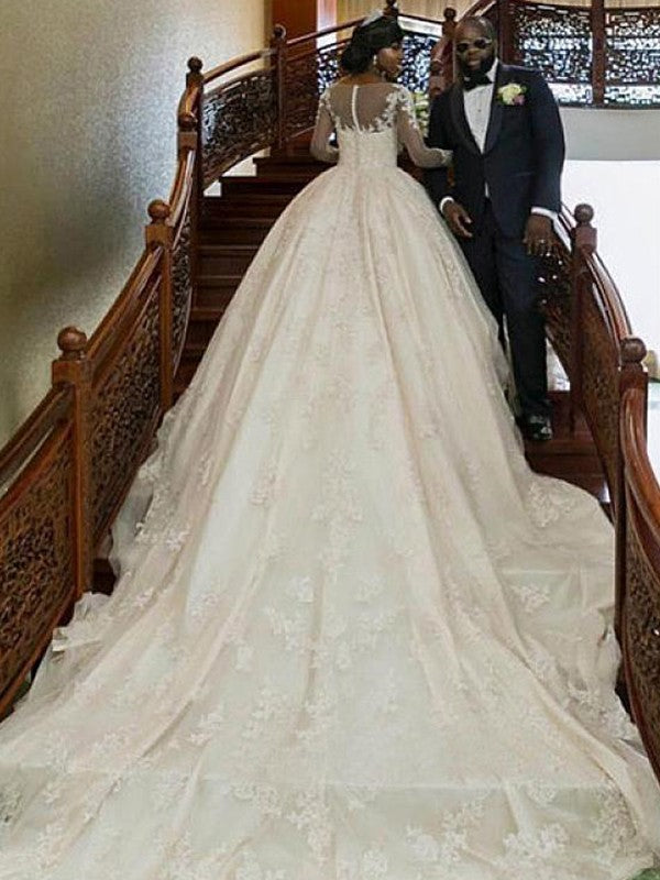 Ball Gown Satin Long Sleeve Train Tea-Length Wedding Gown - Chloe Dress