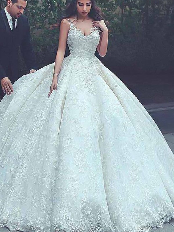 Ball Gown Spaghetti Strap Tulle Sleeveless Train Wedding Gown - Chloe Dress
