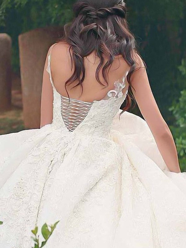 Ball Gown Spaghetti Strap Tulle Sleeveless Train Wedding Gown - Chloe Dress