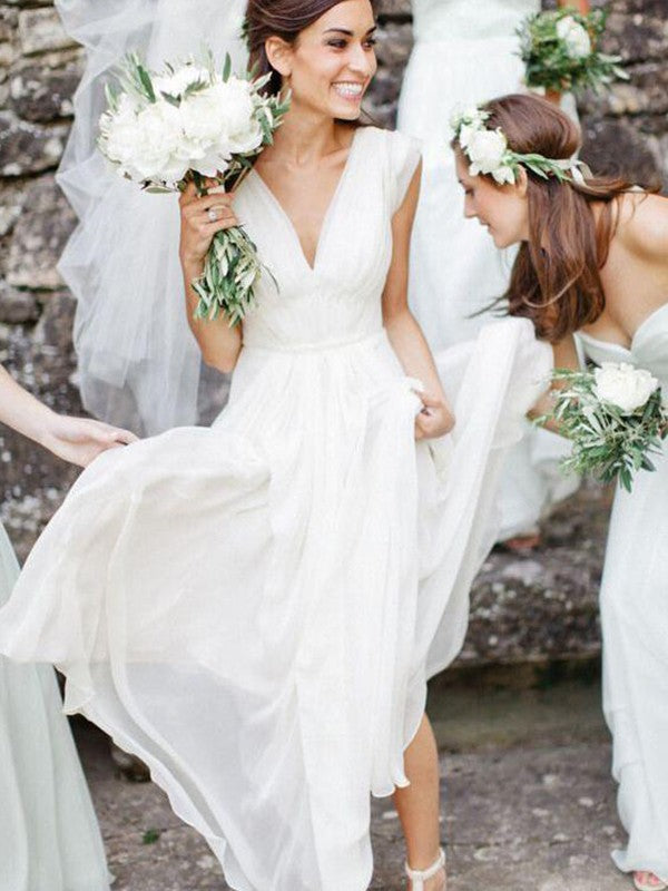 A-Line V-Neck Chiffon Sleeveless Ruffled Floor-Length Wedding Dress - Chloe Dress