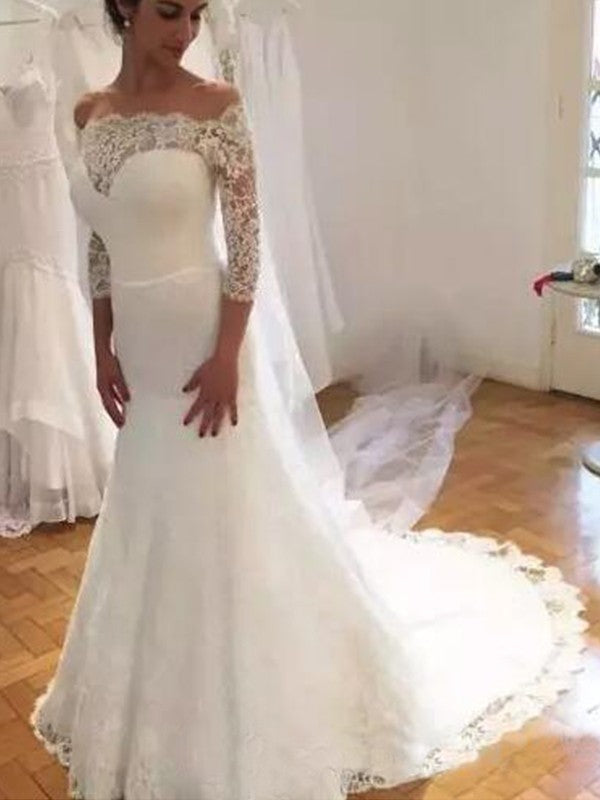 Mermaid Lace Three-Quarter Sleeve Ruffled Wedding Dress - Chloe Dress