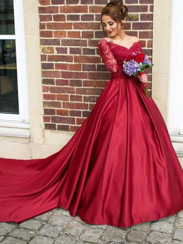 A-Line V-Neck Satin Long Sleeve Train Dress - Chloe Dress