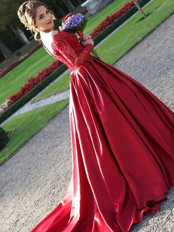 A-Line V-Neck Satin Long Sleeve Train Dress - Chloe Dress