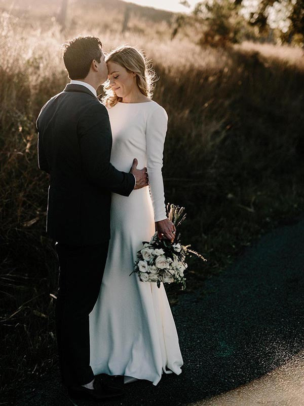 Sheath Crepe Long Sleeve Ruffled Wedding Dress - Chloe Dress
