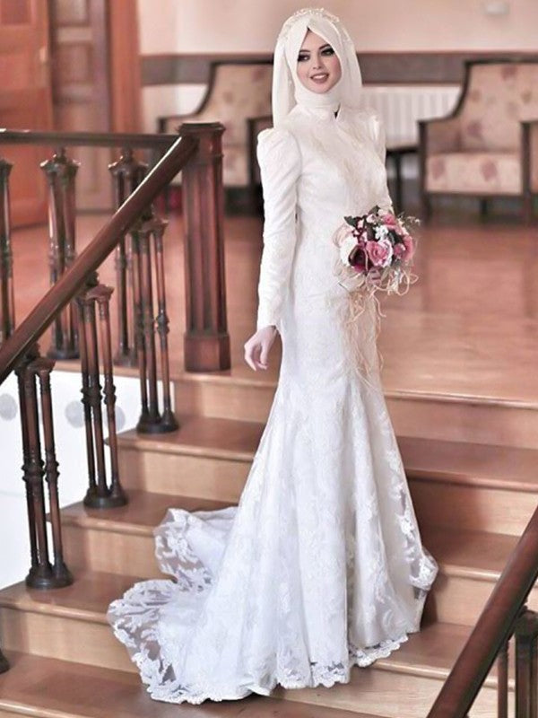 Mermaid High Neck Tulle Long Sleeve Train Wedding Dress - Chloe Dress
