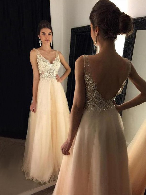 A-Line V-Neck Tulle Sleeveless Applique Floor-Length Dress - Chloe Dress