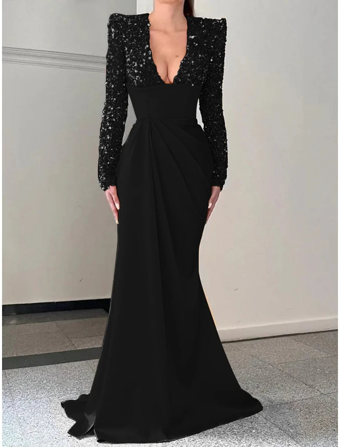 Champagne Mermaid V-Neck Satin Long Sleeve Pleated Evening Gown - Chloe Dress