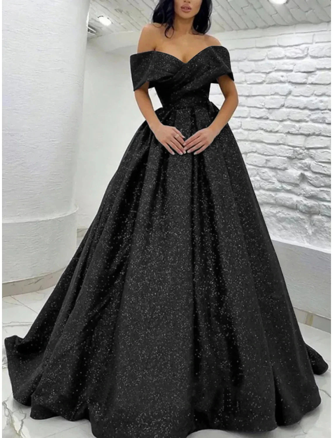 Black A-Line Off-Shoulder Sequin Short Sleeve Pleated Mini Prom Dress - Chloe Dress
