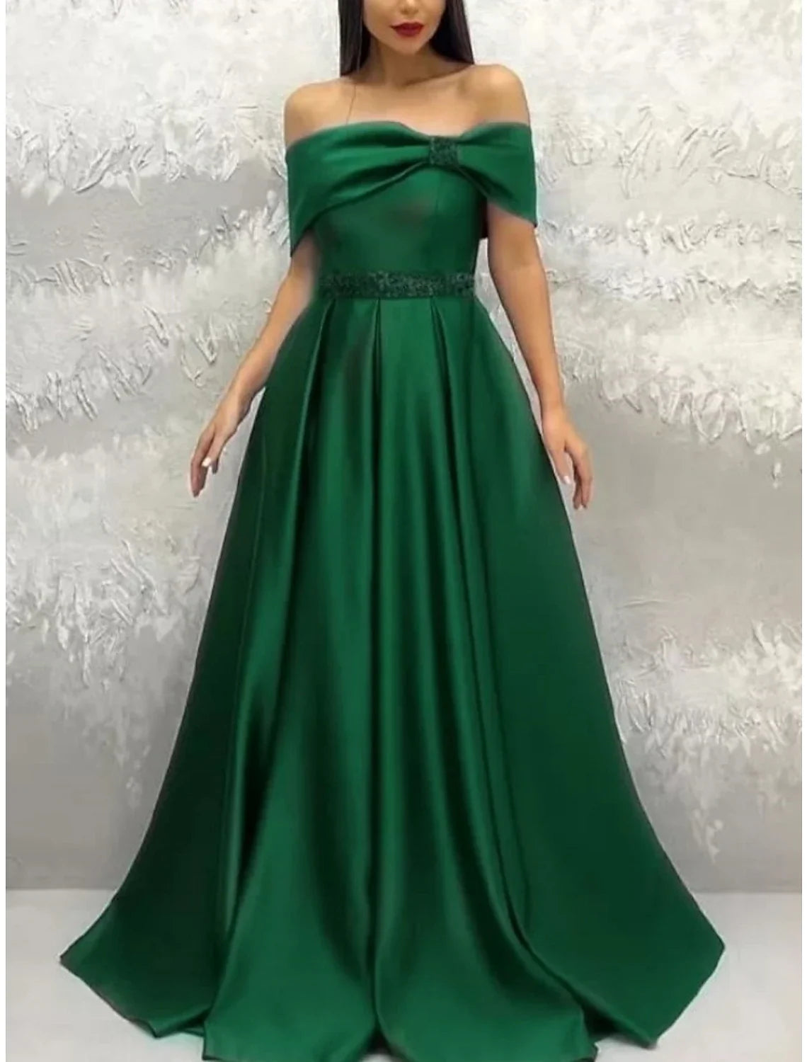 Green A-Line Off-Shoulder Satin Short Sleeve Pleated Mini Evening Gown - Chloe Dress