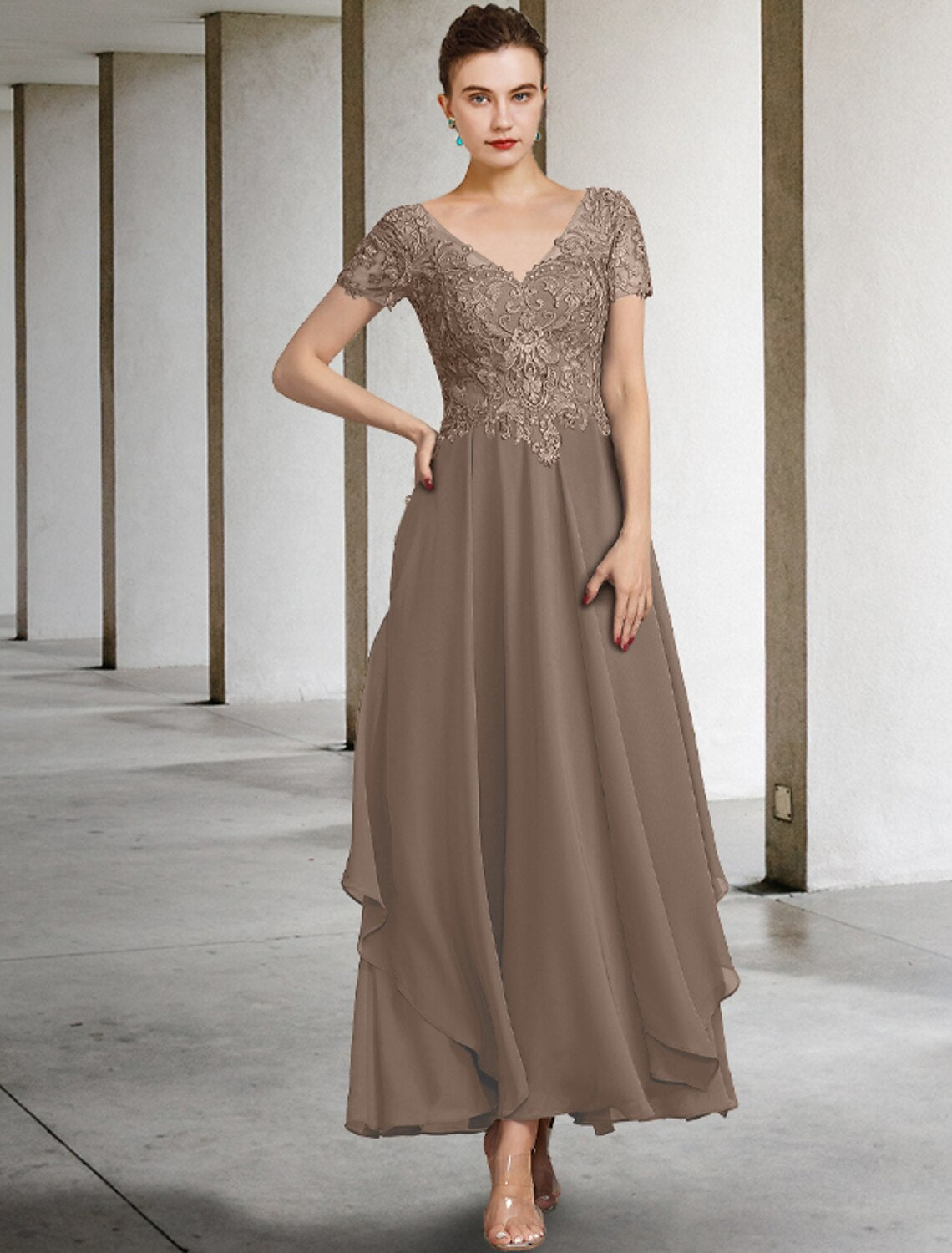 A-Line V-Neck Chiffon Short Sleeve Applique Mini Dress - Chloe Dress