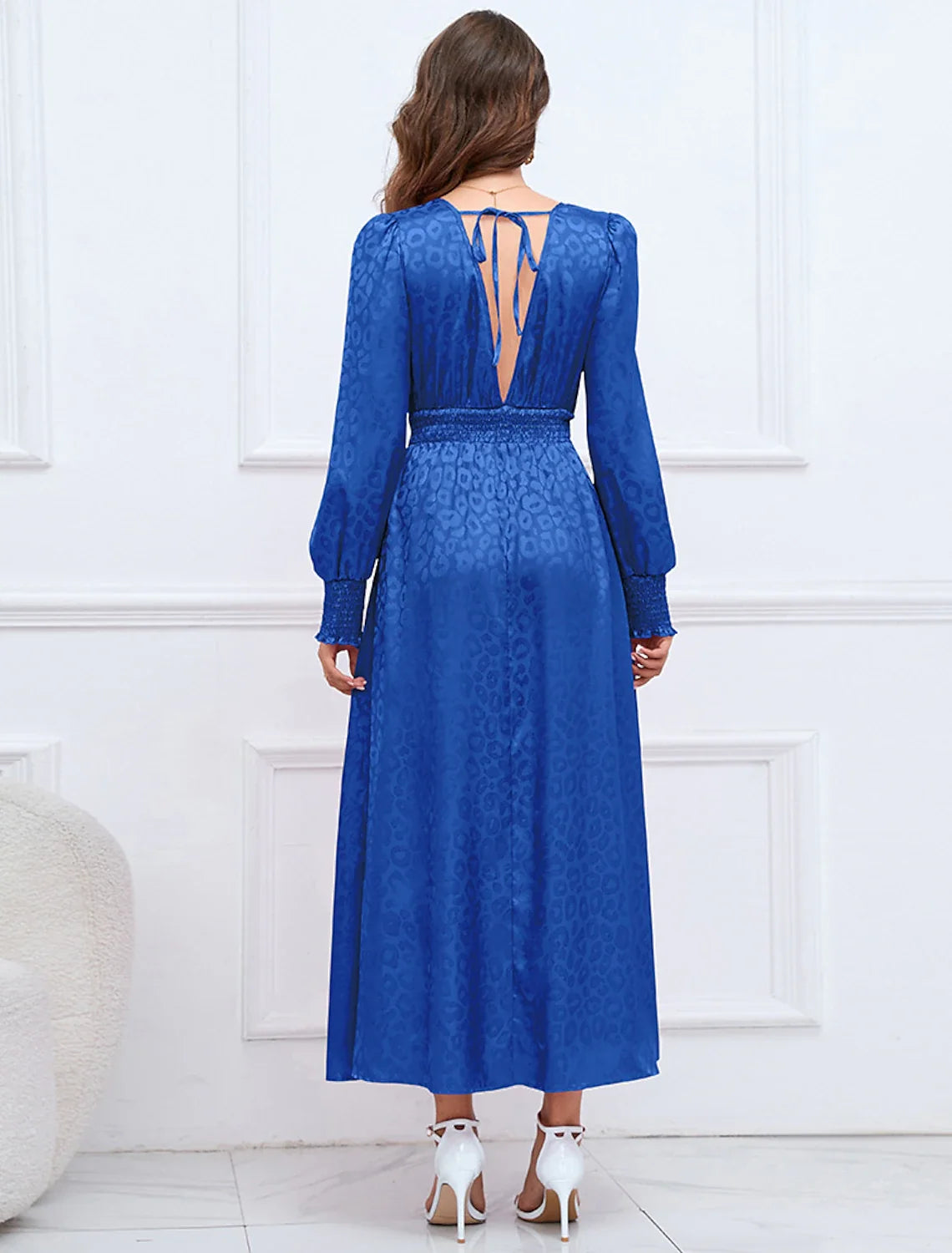 A-Line V-Neck Satin Long Sleeve Ruffled Ankle-Length Party Dress - Chloe Dress