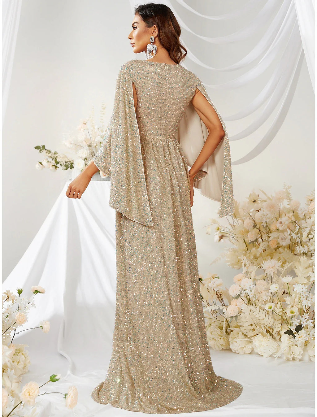 A-Line V-Neck Sequin Long Sleeve Train Evening Gown - Chloe Dress