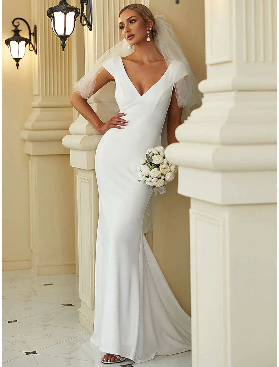 Mermaid V-Neck Cap Sleeve Train Wedding Gown - Chloe Dress