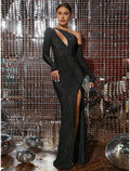 A-Line One-Shoulder Sequin Long Sleeve High Slit Evening Gown - Chloe Dress