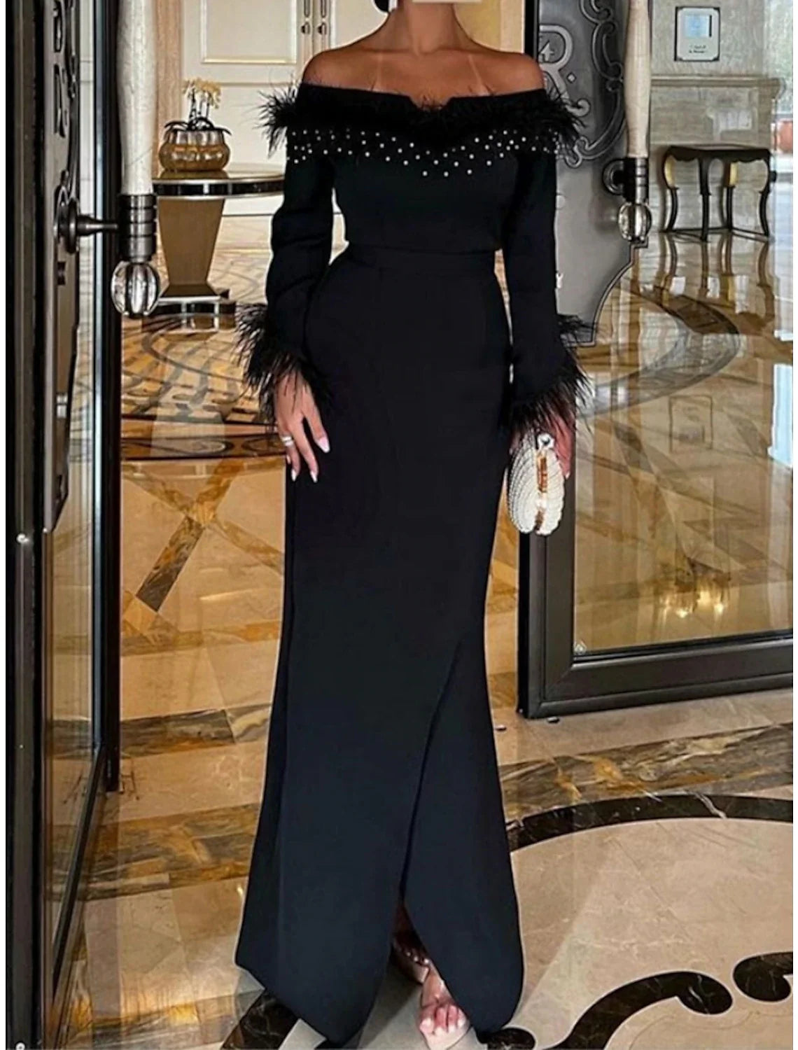 Black Mermaid Off-Shoulder Sequin Long Sleeve High Slit Floor-Length Evening Gown - Chloe Dress