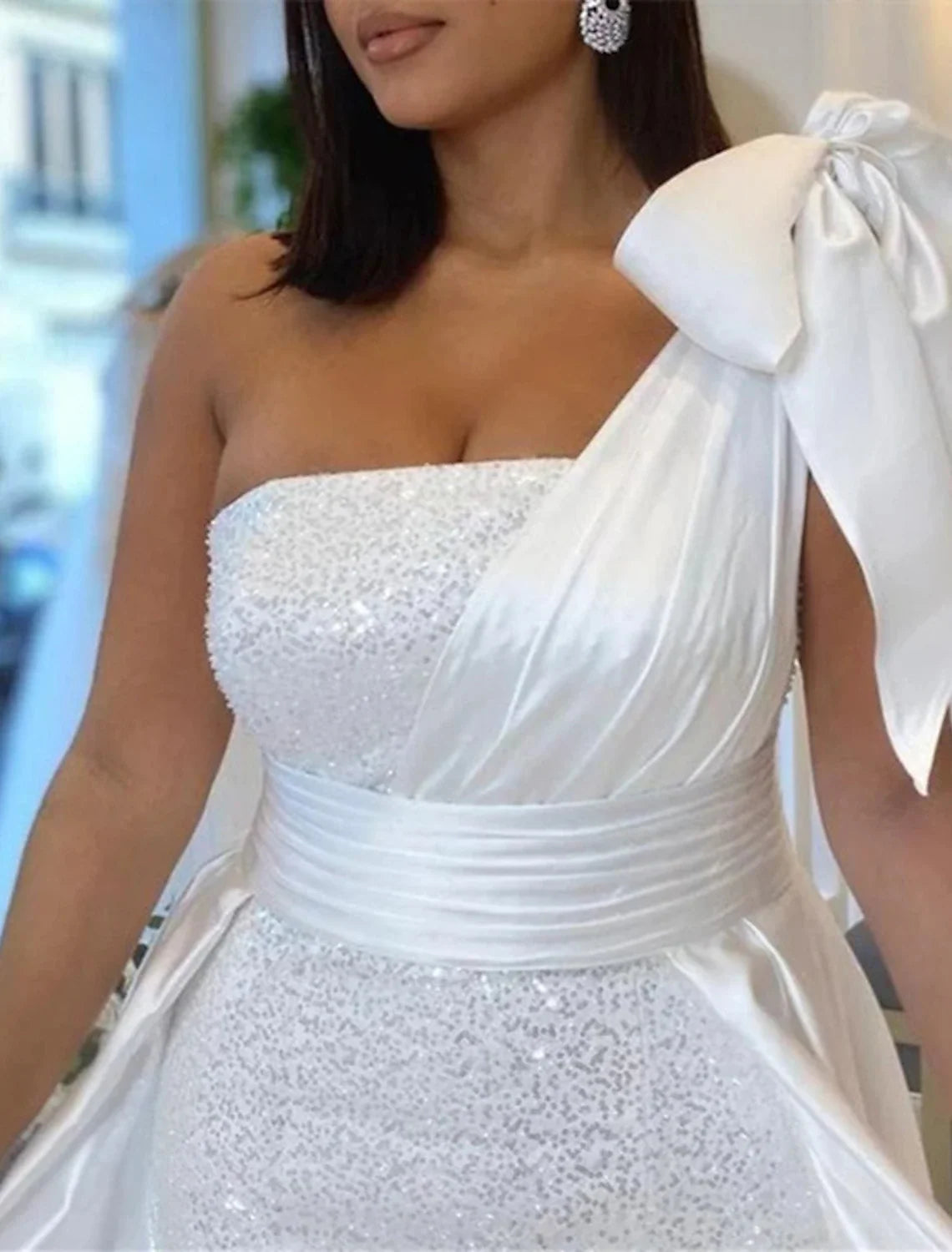 Mermaid One-Shoulder Sequin Sleeveless Train Wedding Gown - Chloe Dress