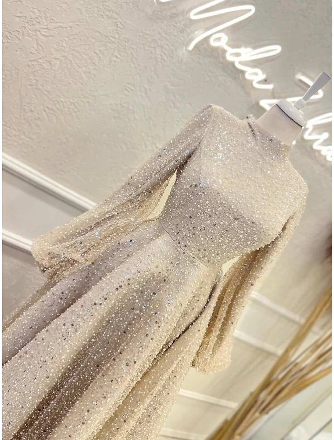 A-Line High Neck Sequin Long Sleeve Pleated Ankle-Length Evening Gown - Chloe Dress
