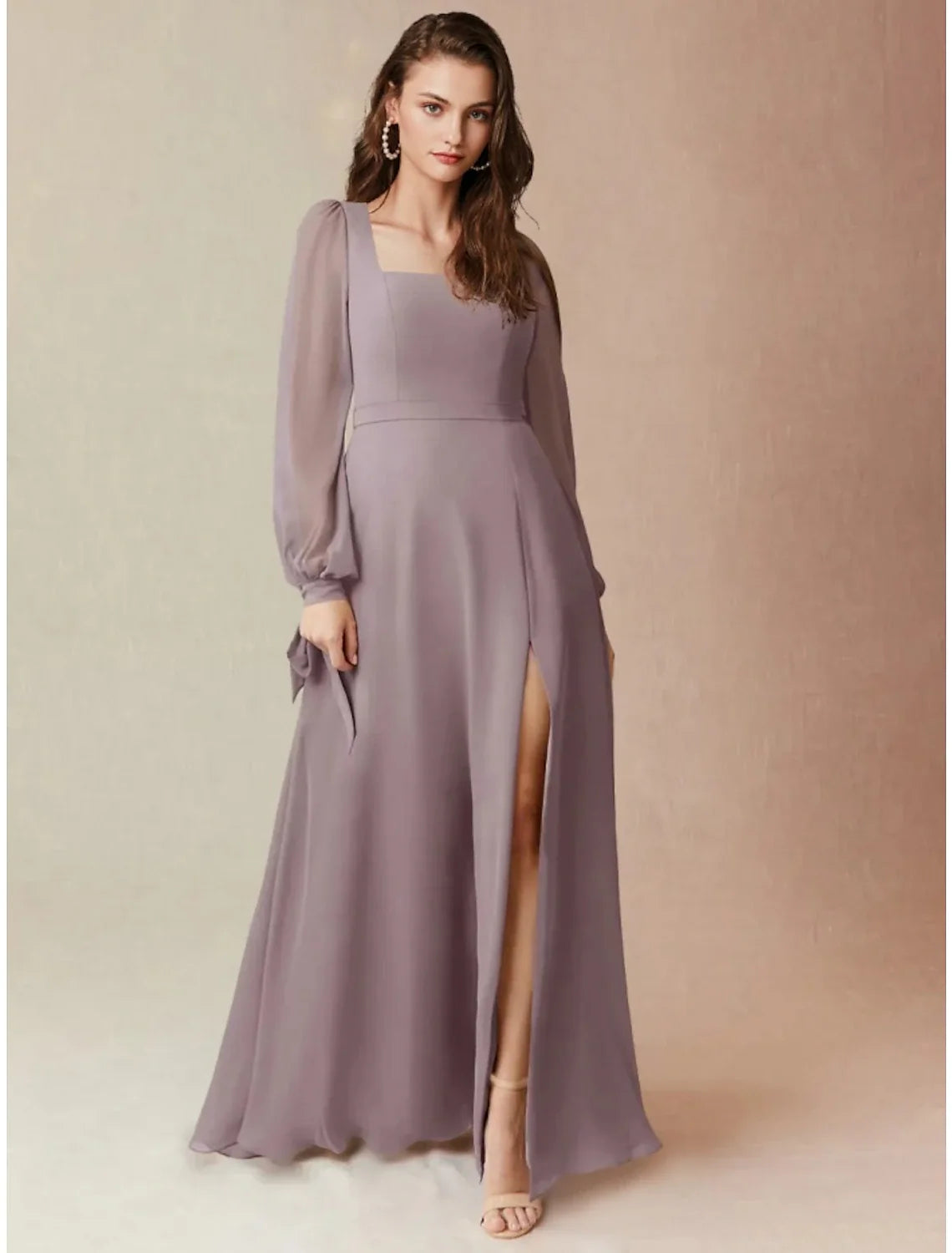 A-Line Square Neck Chiffon Long Sleeve Floor-Length Wedding Dress - Chloe Dress