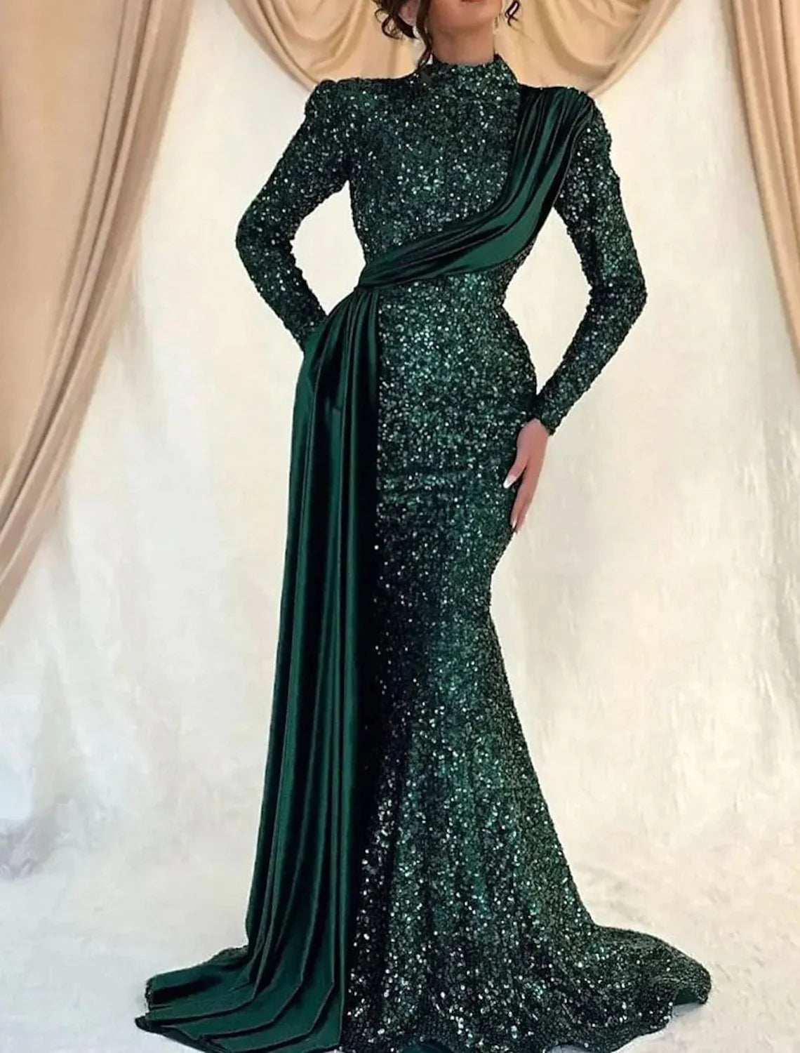 Mermaid High Neck Sequin Long Sleeve Train Evening Gown - Chloe Dress