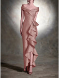 Green Sheath Off-Shoulder Satin Sleeveless Ruffled Wedding Dress - Chloe Dress