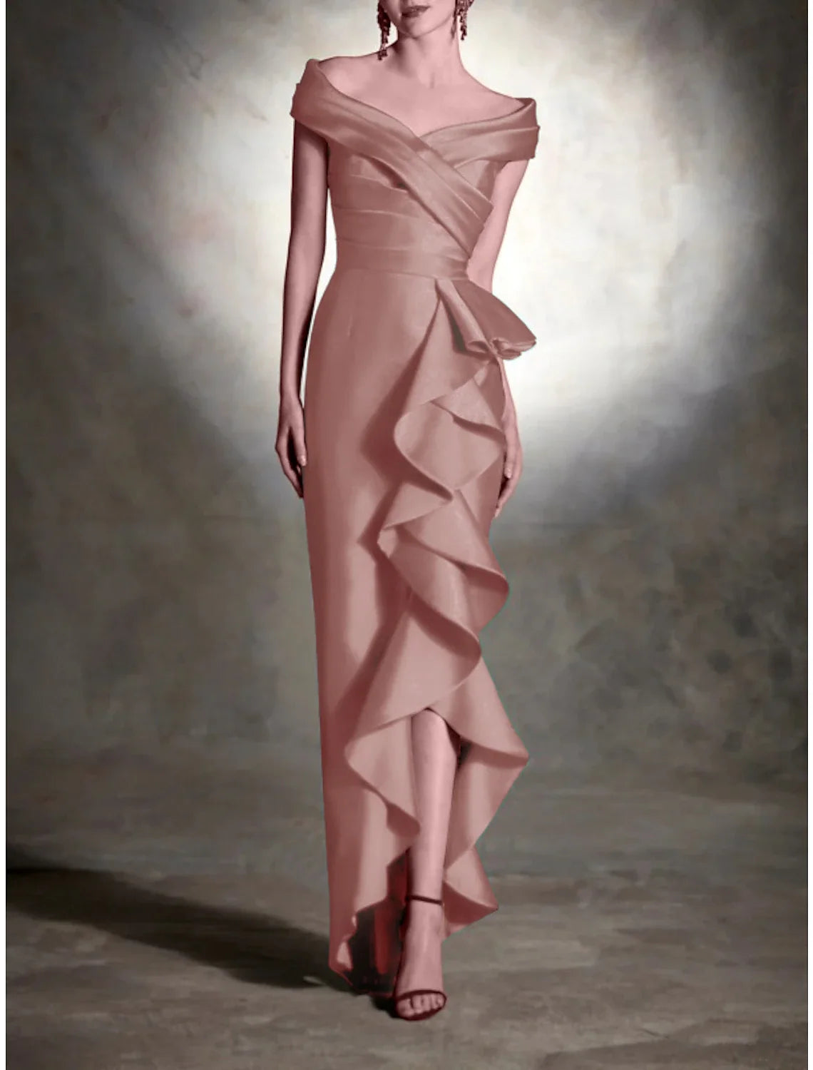 Green Sheath Off-Shoulder Satin Sleeveless Ruffled Wedding Dress - Chloe Dress