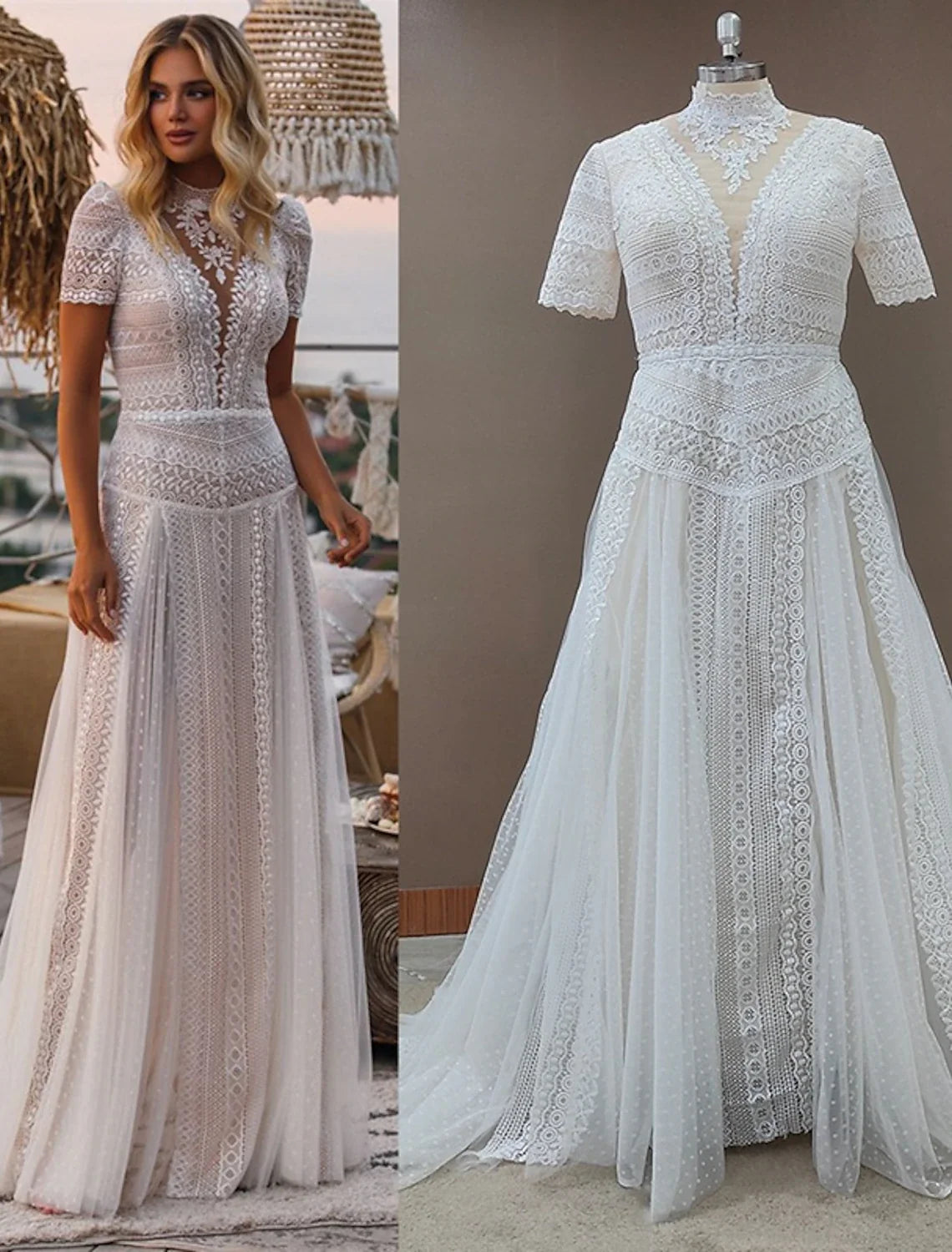 A-Line Illusion Lace Short Sleeve Train Mini Wedding Gown - Chloe Dress