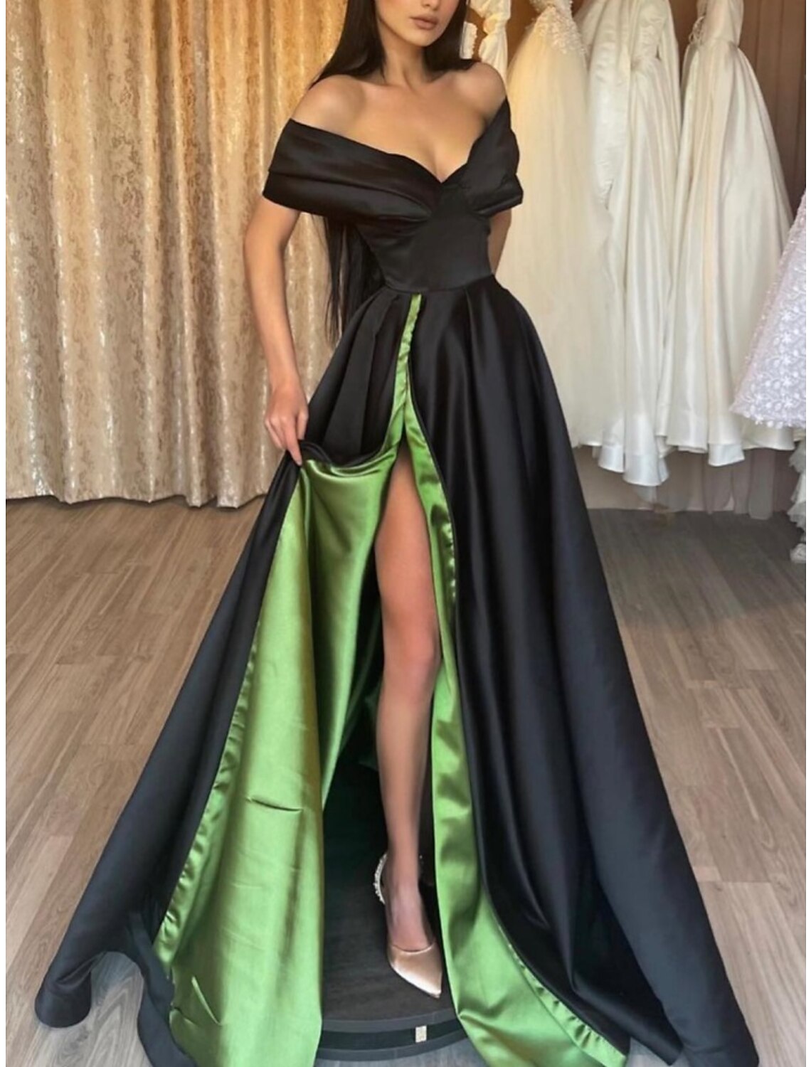 Black A-Line Off-Shoulder Satin Short Sleeve High Slit Floor-Length Evening Gown - Chloe Dress