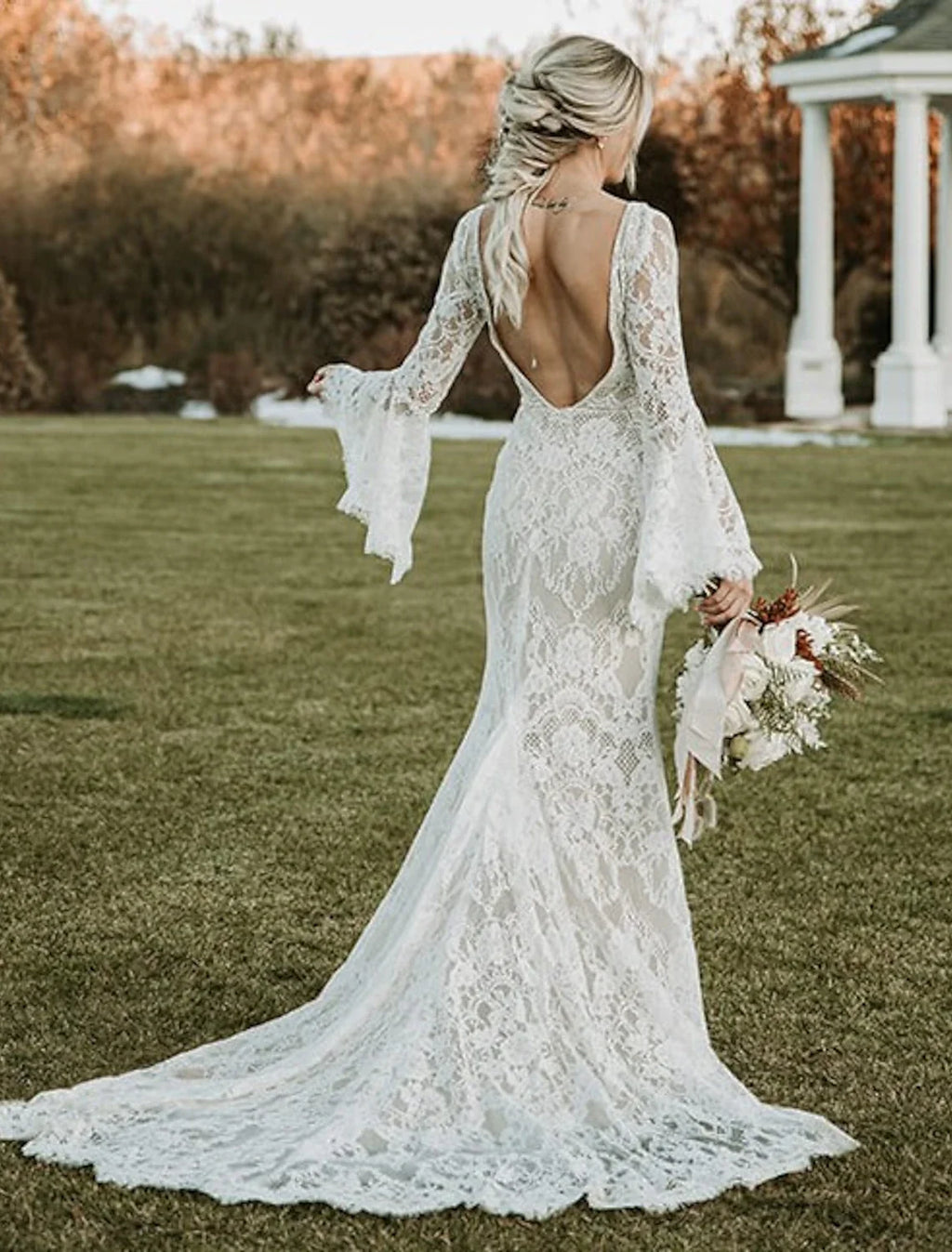 Mermaid V-Neck Lace Long Sleeve Train Wedding Gown - Chloe Dress