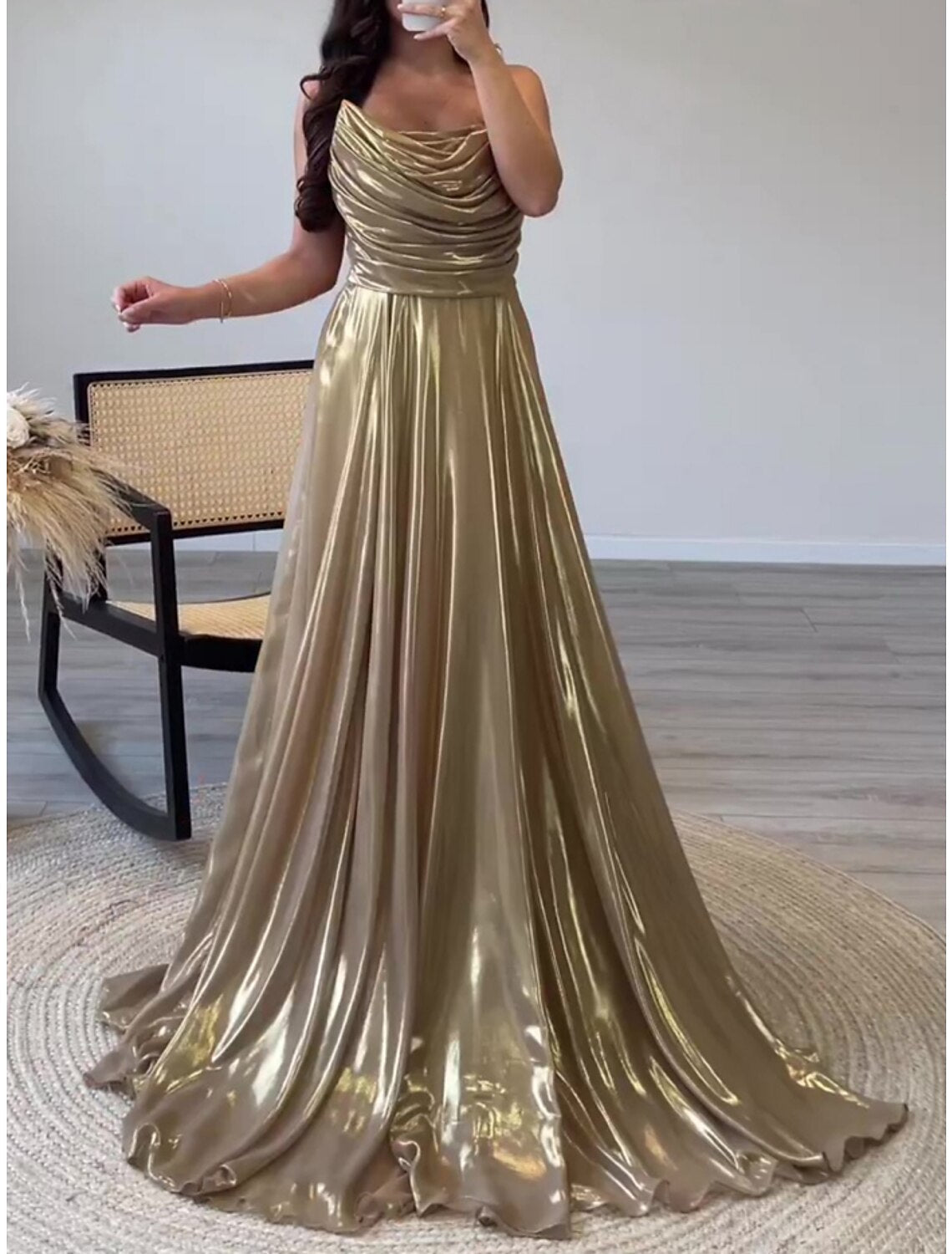 A-Line Spaghetti Strap Satin Sleeveless Pleated Evening Gown - Chloe Dress