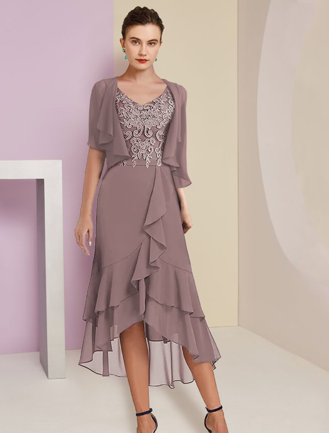 A-Line V-Neck Chiffon Short Sleeve Wrap Mini Wedding Dress - Chloe Dress