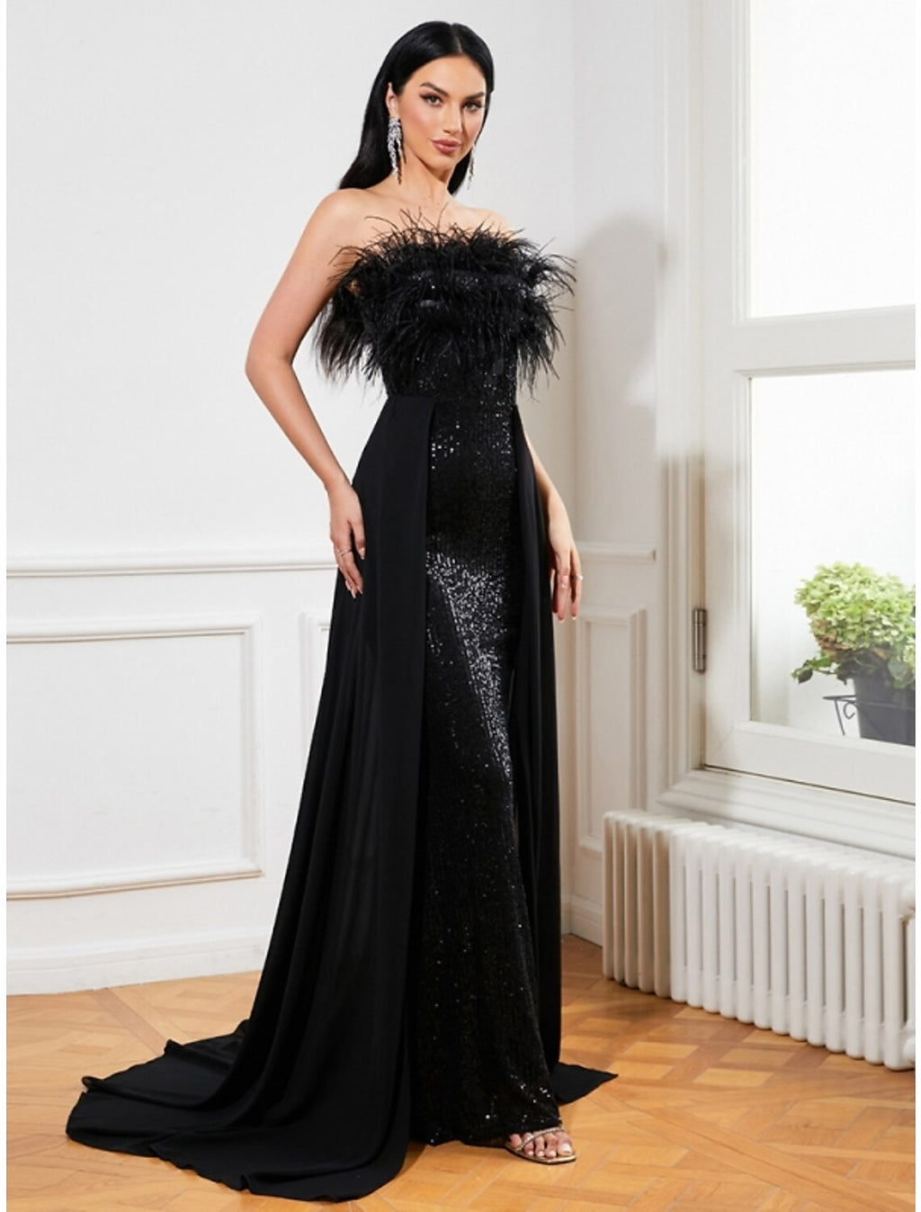 Black A-Line Strapless Sequin Sleeveless Train Evening Gown - Chloe Dress