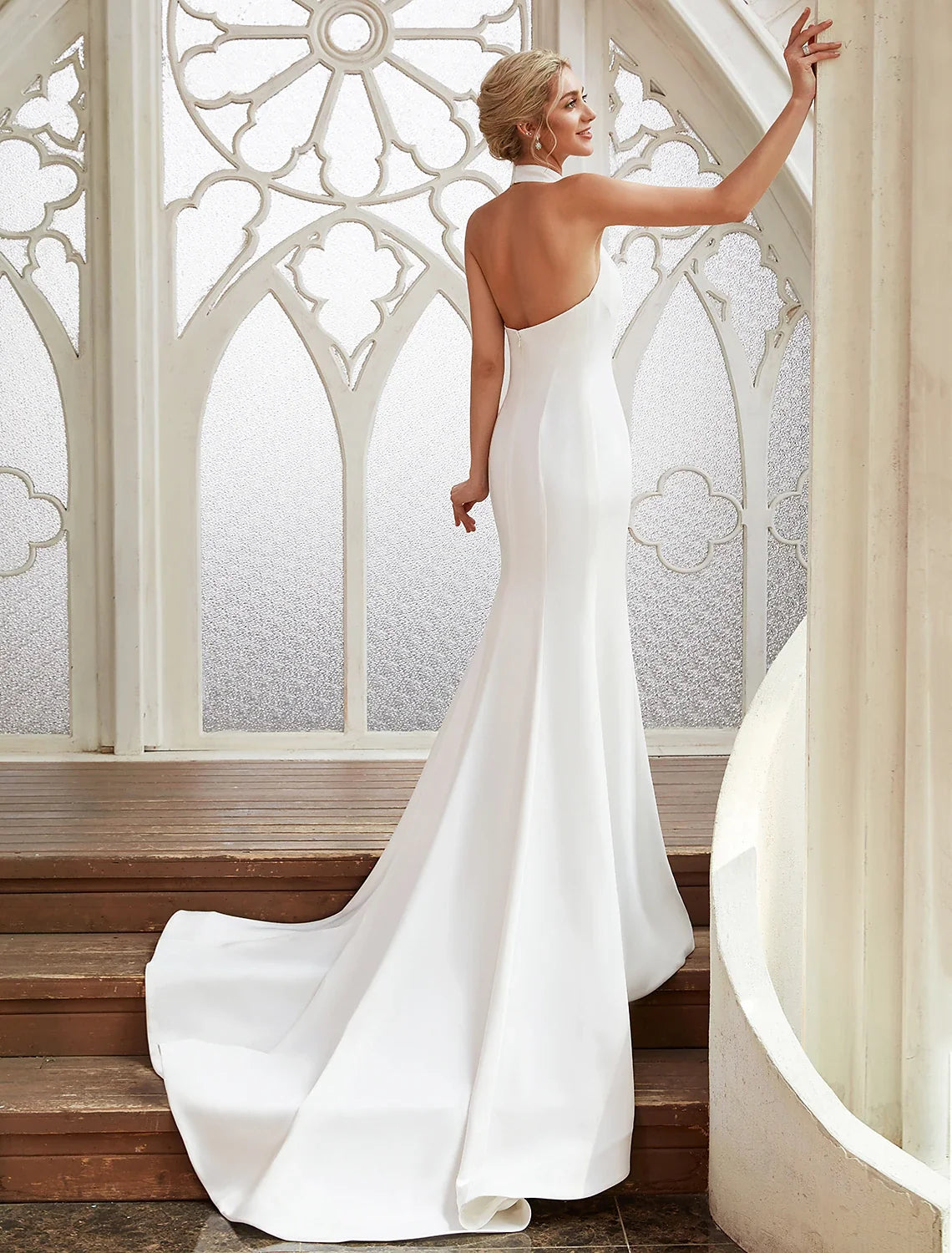 Sheath Halter Satin Open Back Pleated Wedding Gown - Chloe Dress