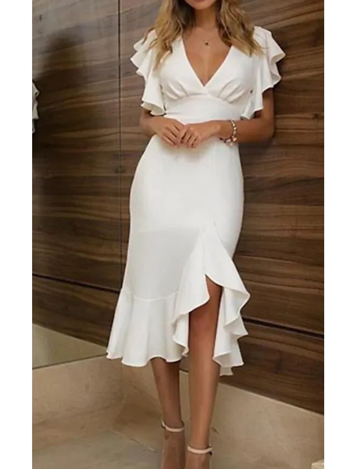 Mermaid V-Neck Polyester Short Sleeve Ruffled Mini Wedding Dress - Chloe Dress