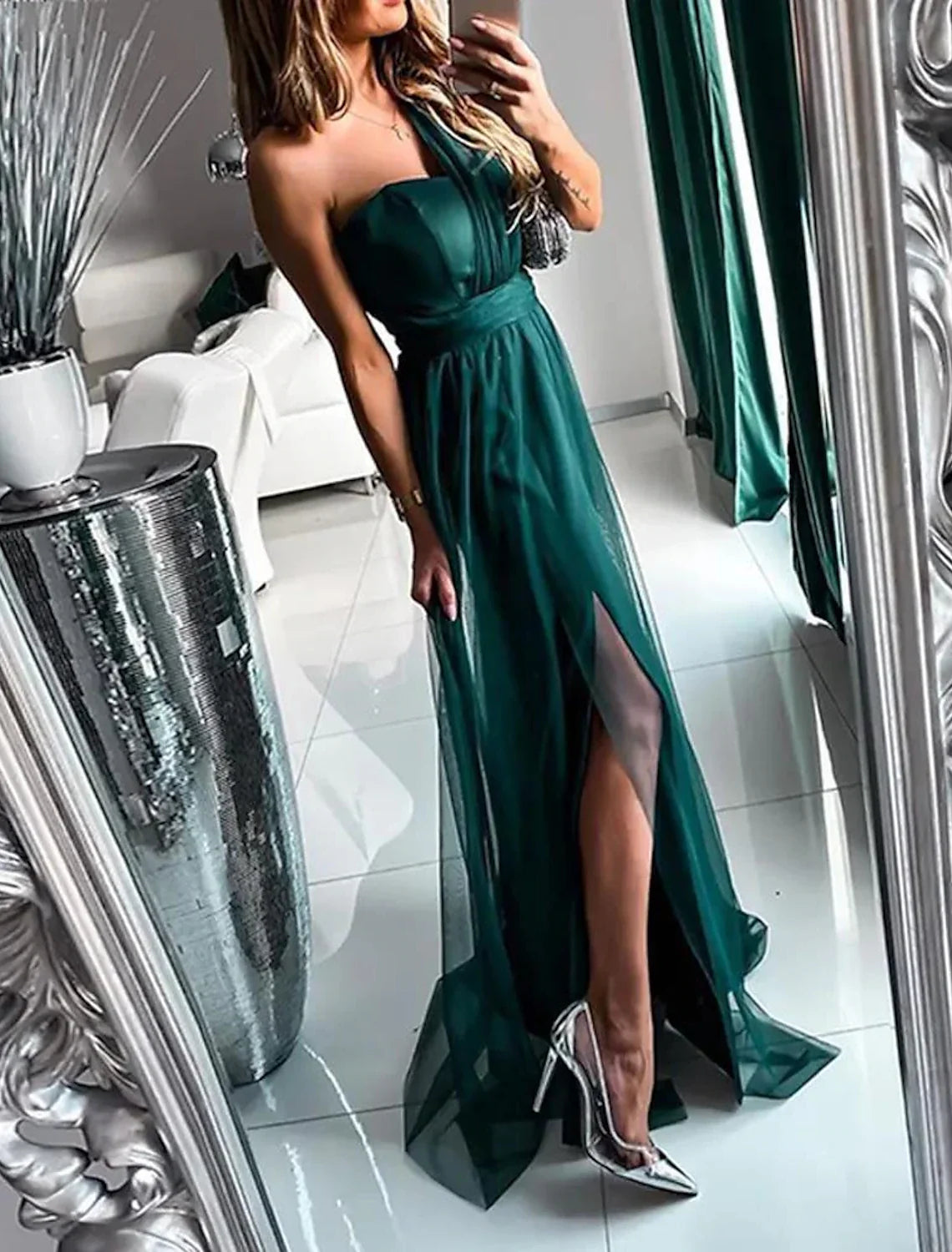 A-Line One-Shoulder Polyester Sleeveless High Slit Prom Dress - Chloe Dress