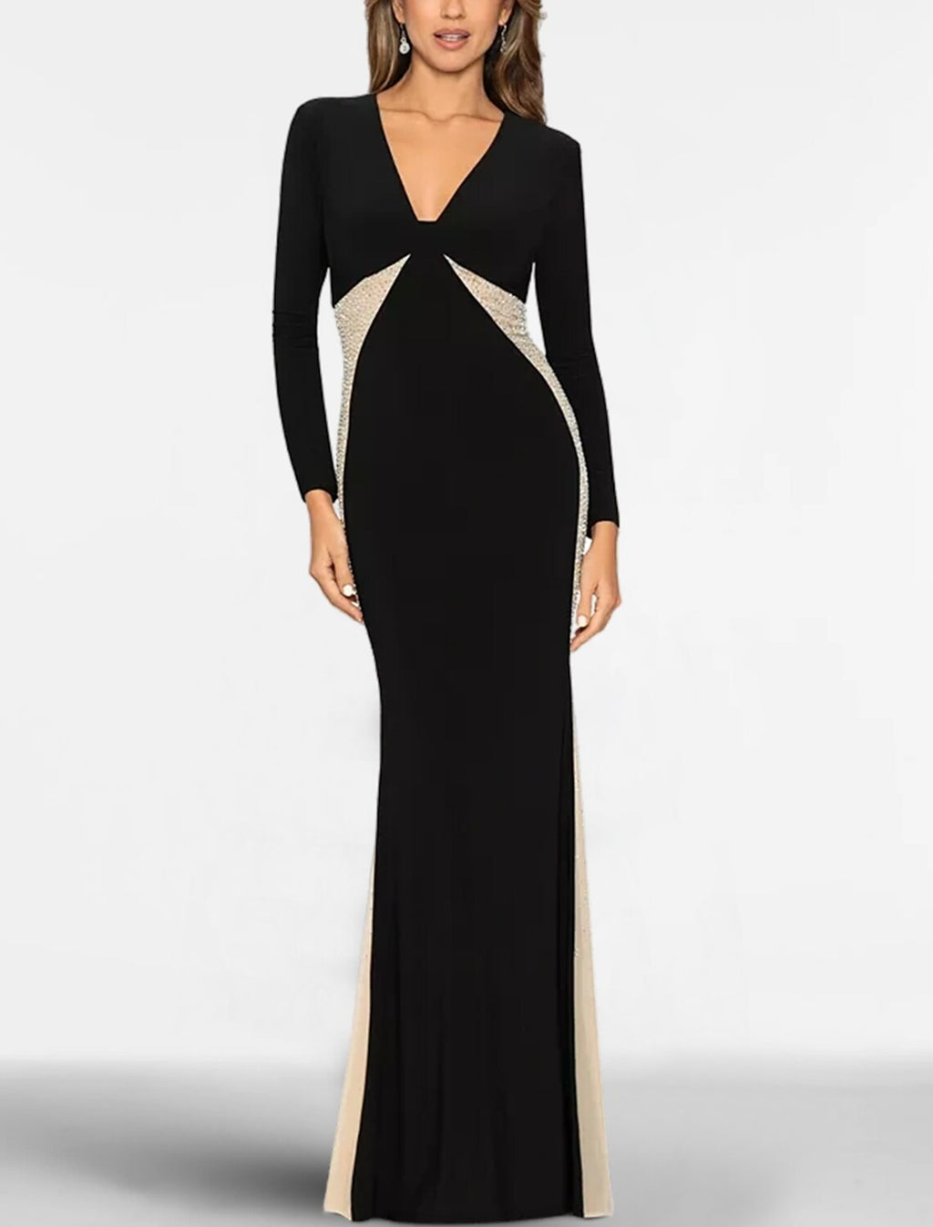 Black Mermaid V-Neck Long Sleeve Rhinestone Floor-Length Evening Gown - Chloe Dress