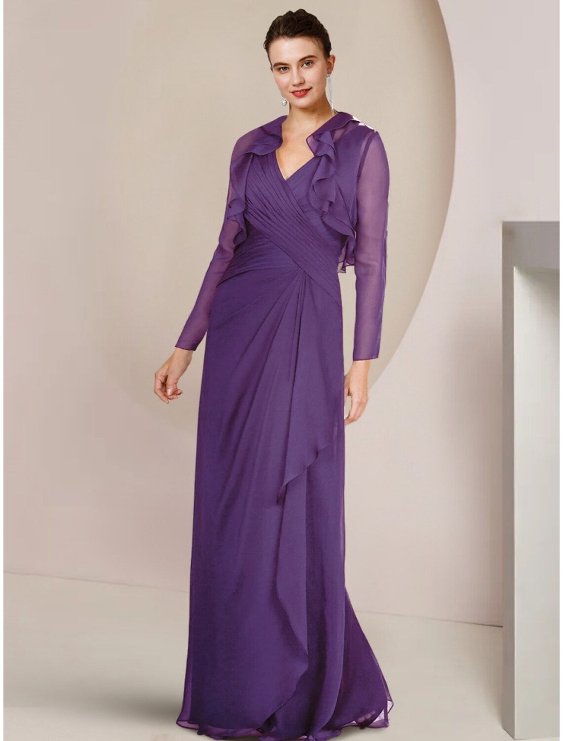A-Line V-Neck Chiffon Long Sleeve Ruffled Floor-Length Wedding Dress - Chloe Dress