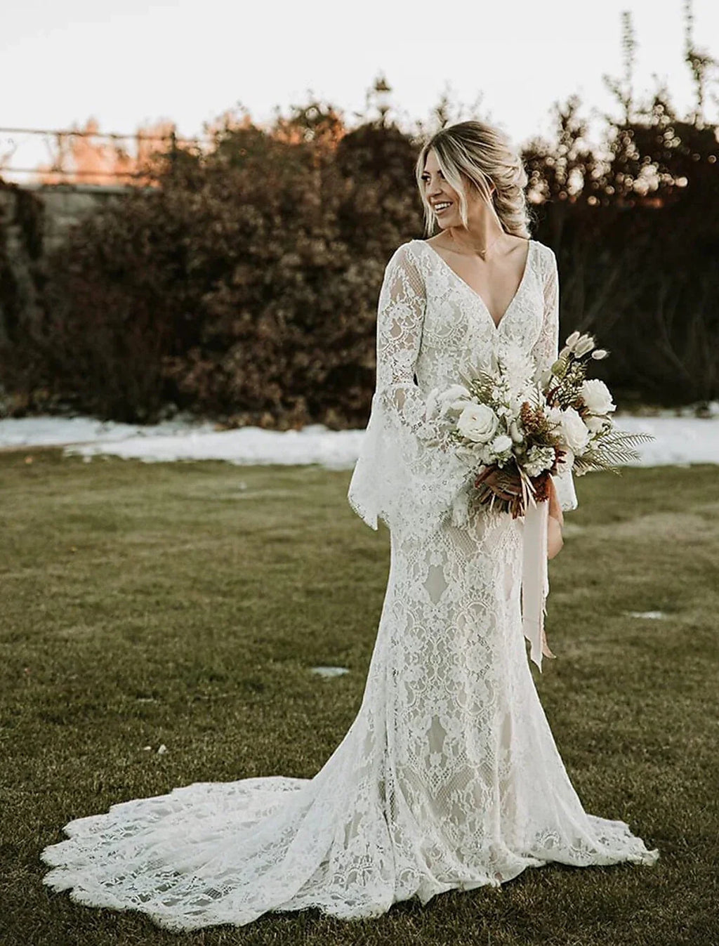 Mermaid V-Neck Lace Long Sleeve Train Wedding Gown - Chloe Dress