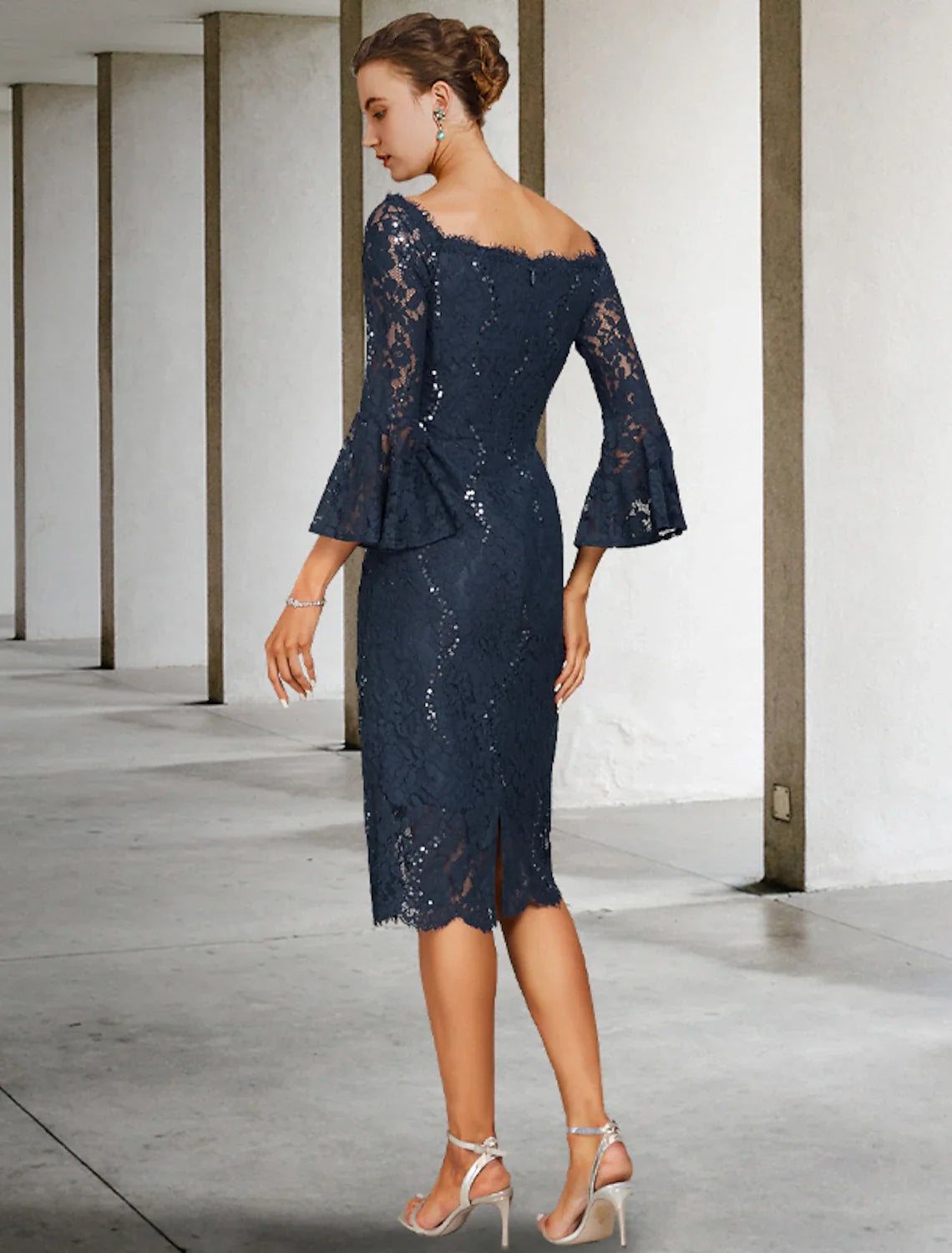Sheath Lace Three-Quarter Sleeve Tea-Length Wedding Dress - Chloe Dress