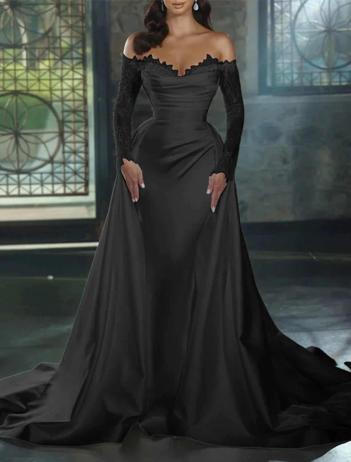 Sheath Off-Shoulder Satin Long Sleeve Train Wedding Gown - Chloe Dress