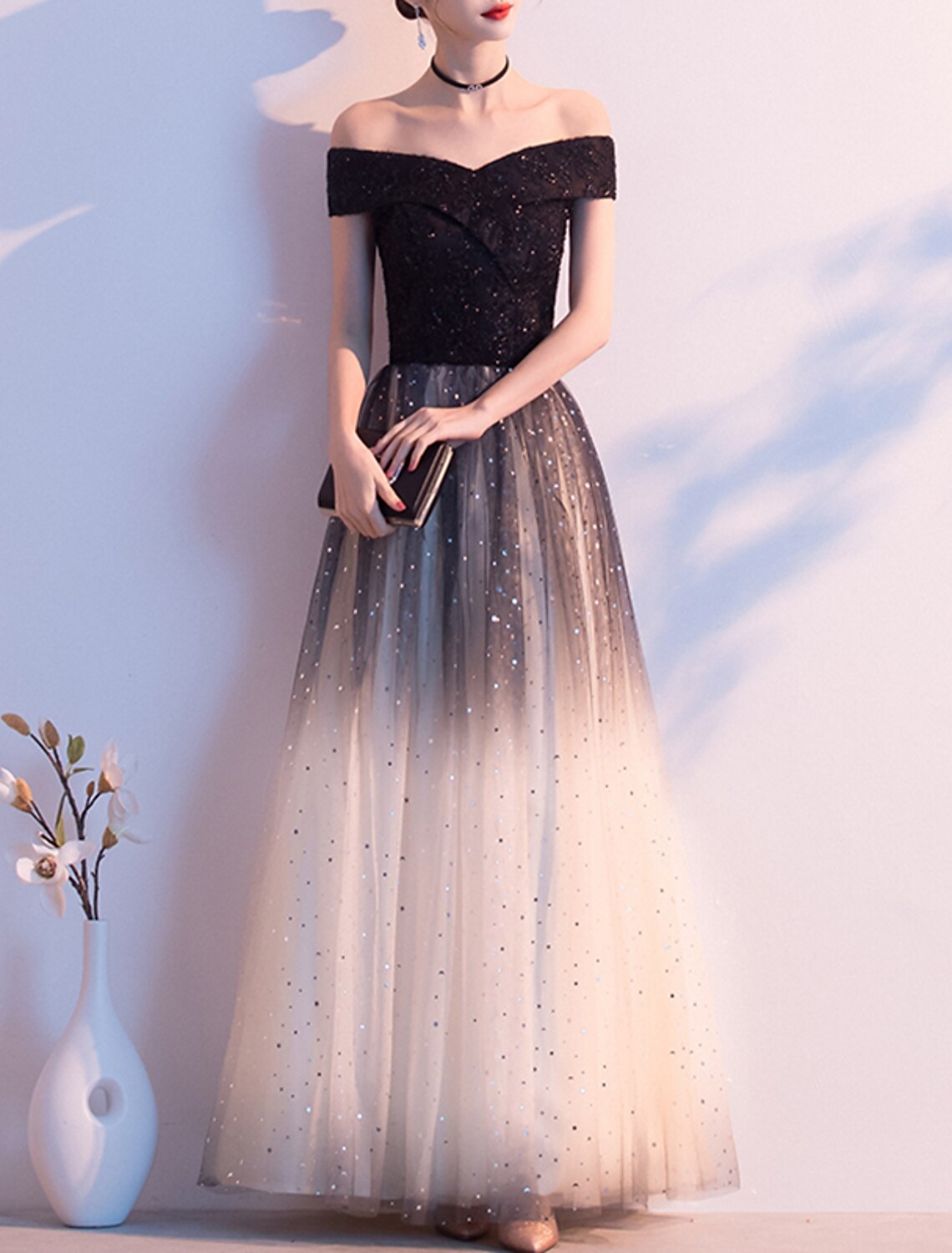 A-Line Off-Shoulder Tulle Short Sleeve Floor-Length Evening Gown - Chloe Dress