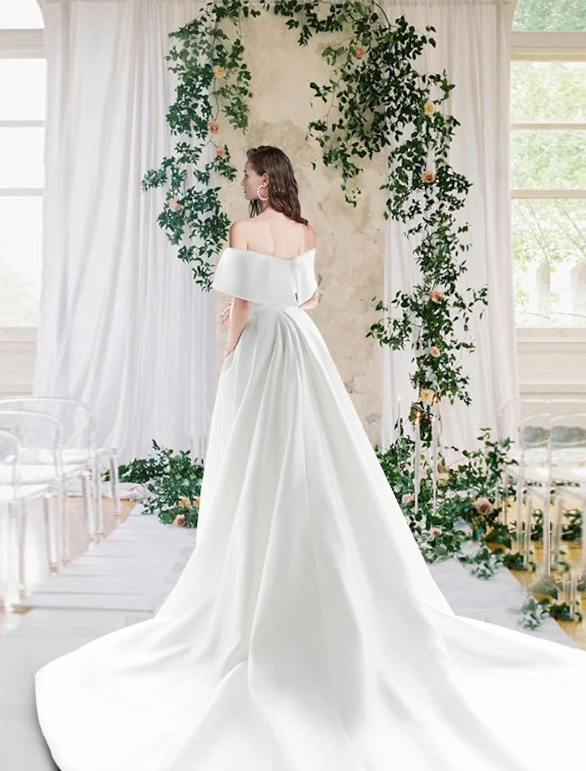 Sheath Off-Shoulder Satin Cap Sleeve Train Wedding Gown - Chloe Dress
